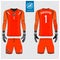 Orange Goalkeeper jersey or soccer kit, long sleeve jersey, goalkeeper glove template design.Front and back view football uniform