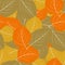 Orange, gold, light brown aspen leaf seamless vector pattern background. Overlapping scattered hand drawn leaves in fall