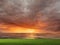 Orange gold sunset at sea  reflection on water wave ,dramatic fluffy clouds at evening sky  and green grass on field  nature lands