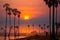 Orange gradient sky in morning with tall palm tree silhouette in foreground