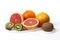 Orange, grapefruit, kiwi and tipe measure in inches over white