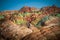 Orange, green, brown, yellow and red geological layers of Zhangye Danxia National Park, Gansu, China. Rainbow mountains