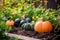 Orange and green pumpkins growing in garden. Generate ai