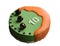Orange and green round cake with chocolate football decorations and whiite chocolate number ten