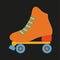 Orange groovy roller skate with blue elements. Single retro card for 1970 vibe. Hippie summer poster