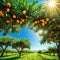 an orange grove with lots of oranges growing on the trees in the sunbeams of the sun shining through the leaves of the
