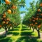an orange grove with lots of oranges growing on the trees in the sunbeams of the sun shining through the leaves of the