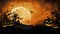 Orange Halloween background with Moon on sky, pumpkins and werewolf, grunge decoration with cobweb, spiders and flying bats