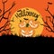 Orange halloween background with scary pumpkins, full moon, tree