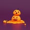 Orange halloween pumpkins melting on purple background, holiday decoration. 3d rendering