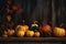 orange halloween season wooden background leaf pumpkin autumn fall wood farm. Generative AI.