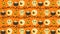Orange Halloween wallpaper with pumpkins, eyes, cauldrons and skulls.