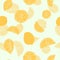 Orange hand drawn citrus fruit silhouettes with transparent layering effect on green pin-striped background. Seamless vector