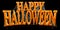 Orange Happy Halloween text covered in spooky spider webs banner