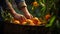 orange harvest, hands picking oranges from a tree, close-up, natural light, AI generated