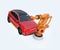 Orange heavyweight robotic arm carrying red SUV for assembly