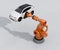 Orange heavyweight robotic arm delivering white SUV on concrete ground