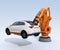 Orange heavyweight robotic arm delivering white SUV on light blue background