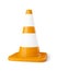 Orange highway traffic construction cone with white stripes isol