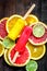 Orange icecream with fruits on table background top view