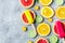 Orange icecream with fruits on table background top view mock-up