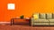 Orange interior with green sofa, wooden table and lamp. 3d illus