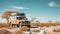 An orange jeep is parked in the desert. Generative AI.