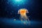 Orange jellyfish floating in deep sea