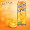 Orange juice advertising realistic design. Vector 3d illustration.