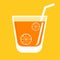 Orange juice in a glass with orange pieces. Drink logo. Goblet icon