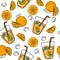 Orange juice in a glass. Seamless pattern with natural fresh. Orange slice, tube for drinking. Healthy organic food. Citrus fruit.