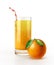 Orange juice glass with straw and a fruit on the floor.