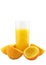 Orange juice with hand, squeeze of orange.