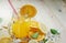 Orange Juice Slices Citrus Lemon Cube Ice Leaves Sea Shells On W