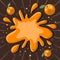 Orange Juice Splash Of Spilling Liquid With Flying Oranges.