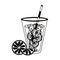 Orange juice with straw cartoon isolated in black and white