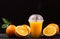 Orange juice in takeaway plastic cup with fresh fruits