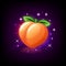 Orange juicy peach fruit with green leaf, slot icon for online casino or logo for mobile game on dark purple background