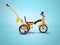 Orange kids bike with telescopic handle side view 3d render on blue background with shadow