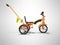 Orange kids bike with telescopic handle side view 3d render on gray background with shadow