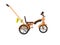 Orange kids bike with telescopic handle side view 3d render on white background no shadow