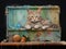 An orange kitten with green eyes lies in an old painted metal box.
