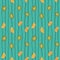 Orange and kiwi slice on cyan background with vertical hand drawn stripes, seamless summer vector pattern. Fruit juicy