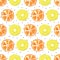 Orange and kiwi slices seamless vector background. Abstract summer fruit pattern with black dots on white.