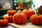 Orange knitted halloween pumpkins on table