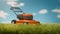 Orange lawn mower with green grass and sky. Summer lawn backyard background