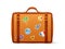 Orange leather vector suitcase with traveler stickers