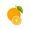 Orange with leaves and slice of orange. Flat orange. Citrus icon. Vector illustration