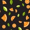 Orange, lemon on black background. Seamless pattern. Vector illustration.