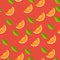 Orange, lemon on red background. Seamless pattern. Vector illustration.